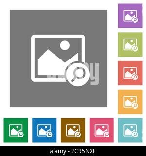 Zoom image flat icons on simple color square backgrounds Stock Vector