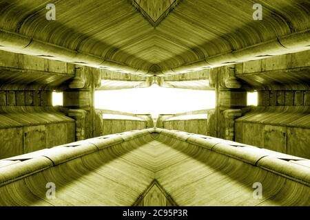 structure of public building similar to futuristic terminal of spaceship station interior in yellow light. modern inspiration of architecture, train s Stock Photo