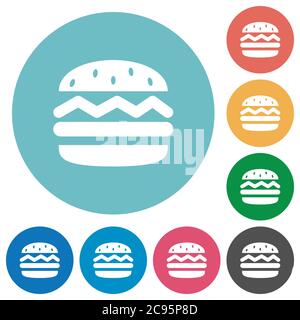 Single hamburger flat white icons on round color backgrounds Stock Vector