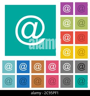 Email symbol multi colored flat icons on plain square backgrounds. Included white and darker icon variations for hover or active effects. Stock Vector