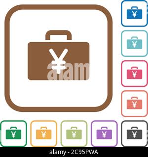 Yen bag simple icons in color rounded square frames on white background Stock Vector