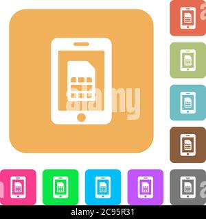 Mobile simcard flat icons on rounded square vivid color backgrounds. Stock Vector