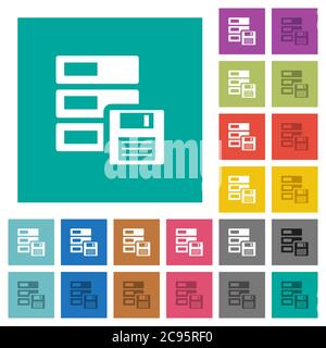 Data backup multi colored flat icons on plain square backgrounds. Included white and darker icon variations for hover or active effects. Stock Vector
