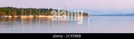 geography / travel, Germany, Bavaria, Herrsching at Ammersee (Lake Ammer), sailboats in the sunset, Additional-Rights-Clearance-Info-Not-Available Stock Photo