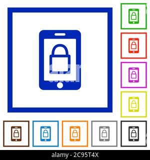 Smartphone lock flat color icons in square frames on white background Stock Vector