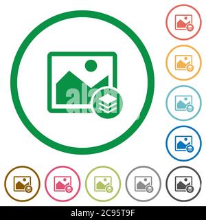 Image layers flat color icons in round outlines on white background Stock Vector