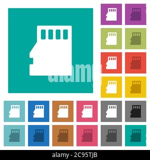 Micro SD memory card multi colored flat icons on plain square backgrounds. Included white and darker icon variations for hover or active effects. Stock Vector