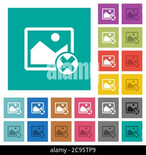 Cancel image operations multi colored flat icons on plain square backgrounds. Included white and darker icon variations for hover or active effects. Stock Vector