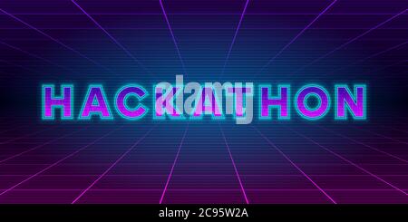 Hackathon retrowave style banner. Neon tech Hackathon inscription on laser perspective grid background. Design element for event advertising, shares Stock Vector