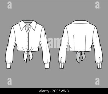 Cropped tie-front shirt technical fashion illustration with oversized collar and long sleeves. Flat apparel blouse template front back, white color. Women, men and unisex top CAD mockup Stock Vector