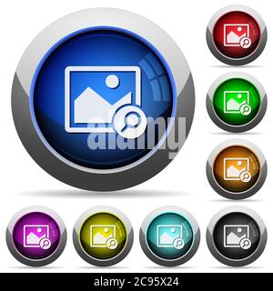 Zoom image icons in round glossy buttons with steel frames Stock Vector