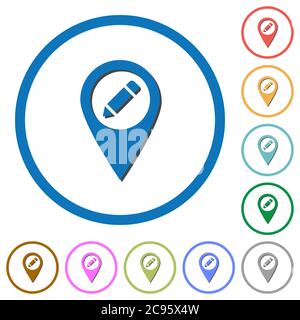 Rename GPS map location flat color vector icons with shadows in round outlines on white background Stock Vector