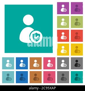 User account protected multi colored flat icons on plain square backgrounds. Included white and darker icon variations for hover or active effects. Stock Vector