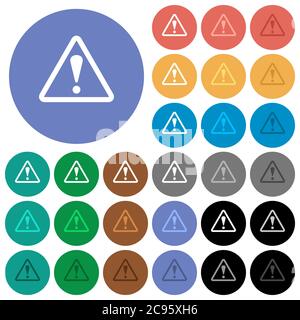 Triangle shaped warning sign multi colored flat icons on round backgrounds. Included white, light and dark icon variations for hover and active status Stock Vector