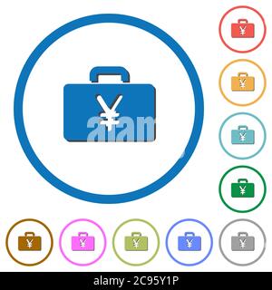 Yen bag flat color vector icons with shadows in round outlines on white background Stock Vector