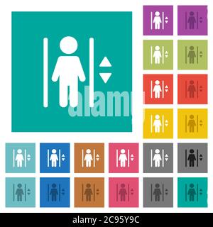 Elevator multi colored flat icons on plain square backgrounds. Included white and darker icon variations for hover or active effects. Stock Vector