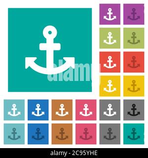 Anchor multi colored flat icons on plain square backgrounds. Included white and darker icon variations for hover or active effects. Stock Vector