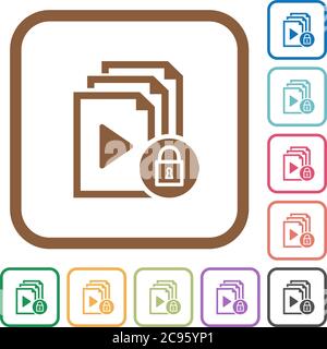 Lock playlist simple icons in color rounded square frames on white background Stock Vector