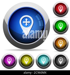 Move GPS map location icons in round glossy buttons with steel frames Stock Vector