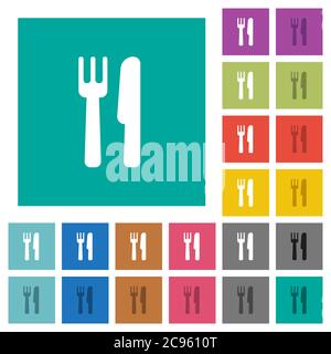 Cutlery multi colored flat icons on plain square backgrounds. Included white and darker icon variations for hover or active effects. Stock Vector