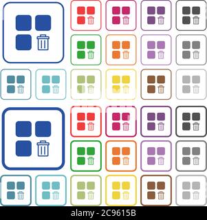 Delete component color flat icons in rounded square frames. Thin and thick versions included. Stock Vector