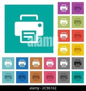 Printer multi colored flat icons on plain square backgrounds. Included white and darker icon variations for hover or active effects. Stock Vector