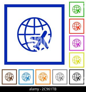 World travel flat color icons in square frames on white background Stock Vector