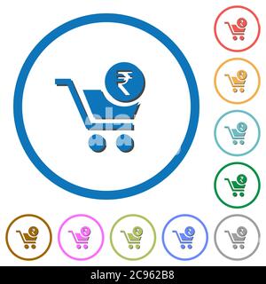 Checkout with Rupee cart flat color vector icons with shadows in round outlines on white background Stock Vector
