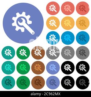 Wrench with cogwheel multi colored flat icons on round backgrounds. Included white, light and dark icon variations for hover and active status effects Stock Vector