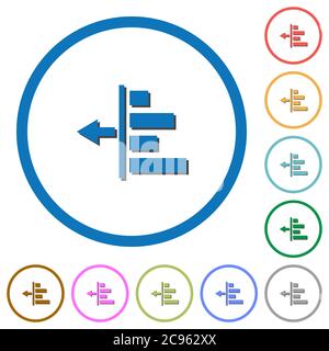 Decrease left indentation of content flat color vector icons with shadows in round outlines on white background Stock Vector