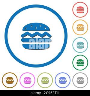 Single hamburger flat color vector icons with shadows in round outlines on white background Stock Vector