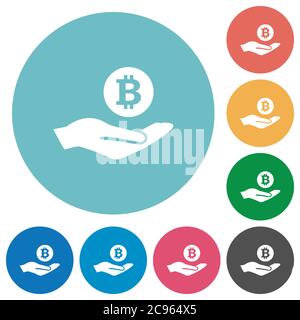 Bitcoin earnings flat white icons on round color backgrounds Stock Vector