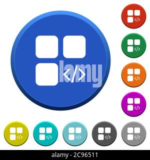Component programming round color beveled buttons with smooth surfaces and flat white icons Stock Vector