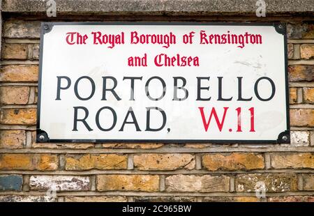 London, United Kingdom - Portobello Road in the Notting Hill district. Street sign. | London, Grossbritannien - Portobello Road im Stadtteil Notting H Stock Photo