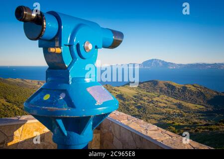 near Tarifa, Costa de la Luz, Cadiz Province, Andalusia, southern Spain. View across Straits of Gibraltar to the Rif mountains in Morocco.  The mounta Stock Photo