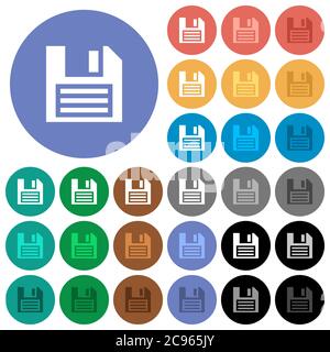 Floppy disk multi colored flat icons on round backgrounds. Included white, light and dark icon variations for hover and active status effects, and bon Stock Vector