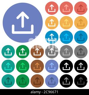 Upload symbol multi colored flat icons on round backgrounds. Included white, light and dark icon variations for hover and active status effects, and b Stock Vector