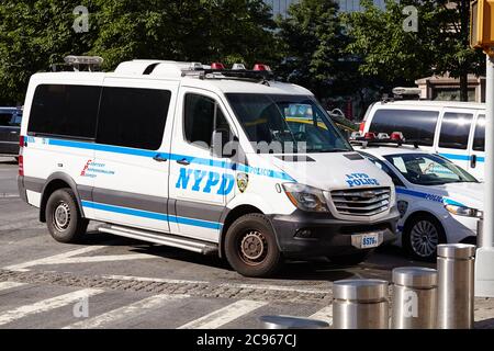 New York, USA - June 29, 2018: NYPD Freightliner Sprinter vehicle parked on a street by the Central Park. Stock Photo