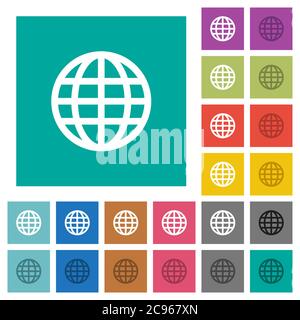 Globe multi colored flat icons on plain square backgrounds. Included white and darker icon variations for hover or active effects. Stock Vector