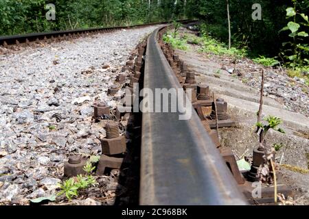 Old forest railway track with rusty rails going into the distance Stock Photo