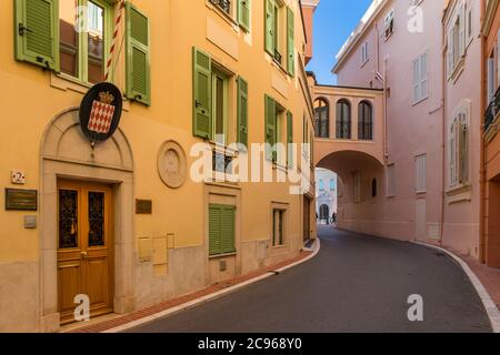 Narrow street in the old town, Monaco, Cote d'Azur, Europe