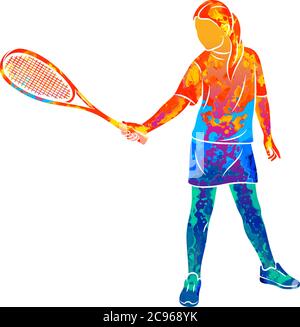 Abstract young woman does an exercise with a racket on her right hand in squash. Squash game training Stock Vector