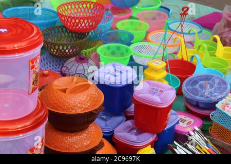 Kolkata, West Bengal/India - December 29, 2019: Colorful plastic made containers selling on a open shop at Dharmatala, Esplanade, Kolkata. Stock Photo