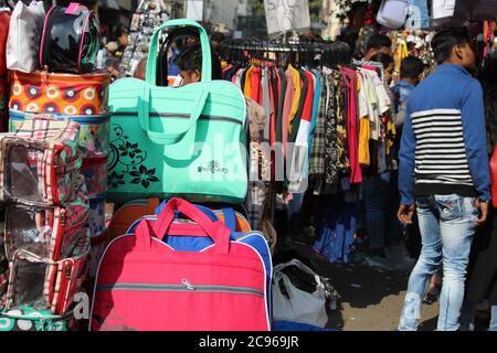 Kolkata, West Bengal/India - December 29, 2019: Variety of Bags selling on a open shop at a busy market, at Esplanade, Kolkata. Stock Photo