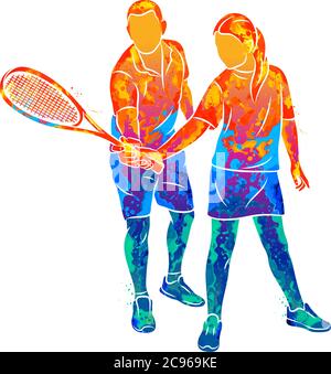 Abstract trainer helps a young woman do an exercise with a racket on her right hand in squash Stock Vector