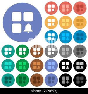 Component alert multi colored flat icons on round backgrounds. Included white, light and dark icon variations for hover and active status effects, and Stock Vector