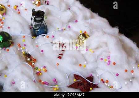 Dummy cotton made ice and Christmas decoration with various objects. Stock Photo