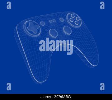 3d wire-frame model of game controller on blue background Stock Photo