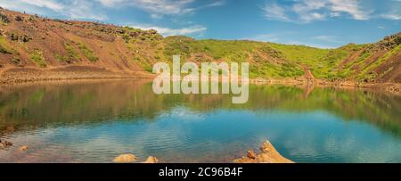 Panoramic view of Kerid volcanic crater lake in Iceland. Stock Photo