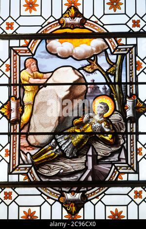 St George's church, Saint-Georges-du-Vivre, Eure, France. Stained glass depicting the life of Saint George. Stock Photo